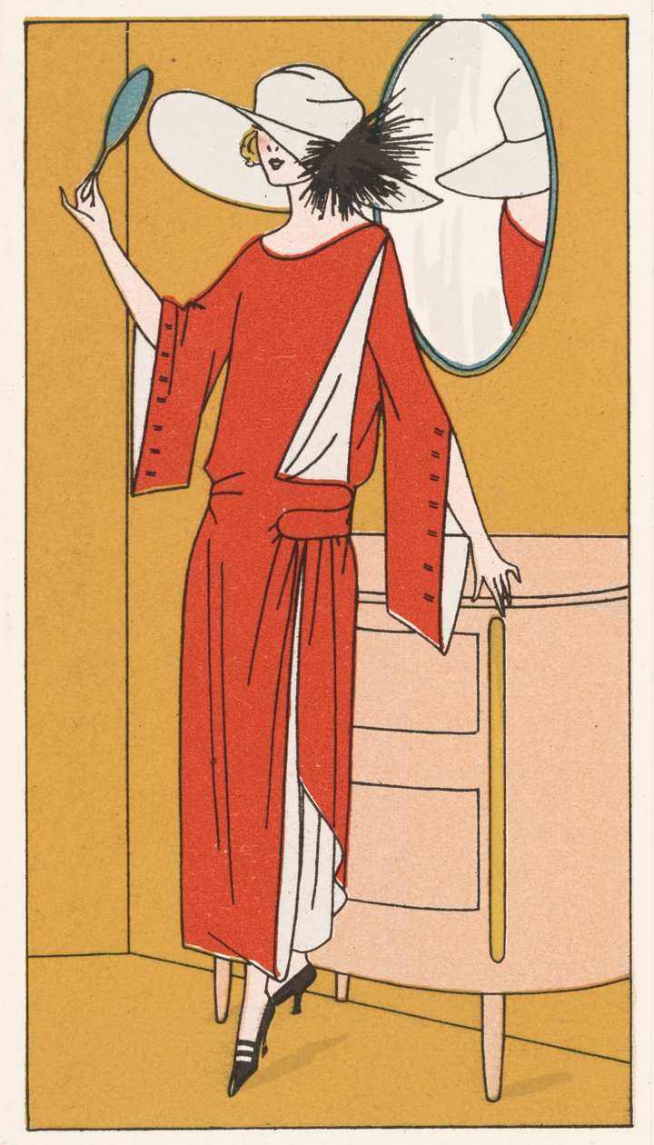 Vrouw met rode crêpejurk en witte hoed uit de jaren 1920 (kleurenlitho) door French School