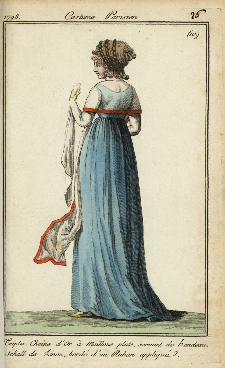 Vrouw met doorzichtige sjaal in de mode van 1798 door French School