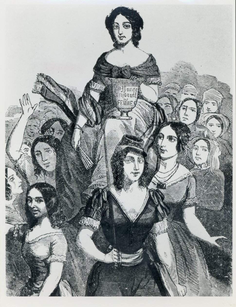 Vrouwen die Jeanne Deroin (1805-94) in Triomf dragen, uit Les Femmes Celebres, volume I, Parijs, Mazenod, 1848 door French School