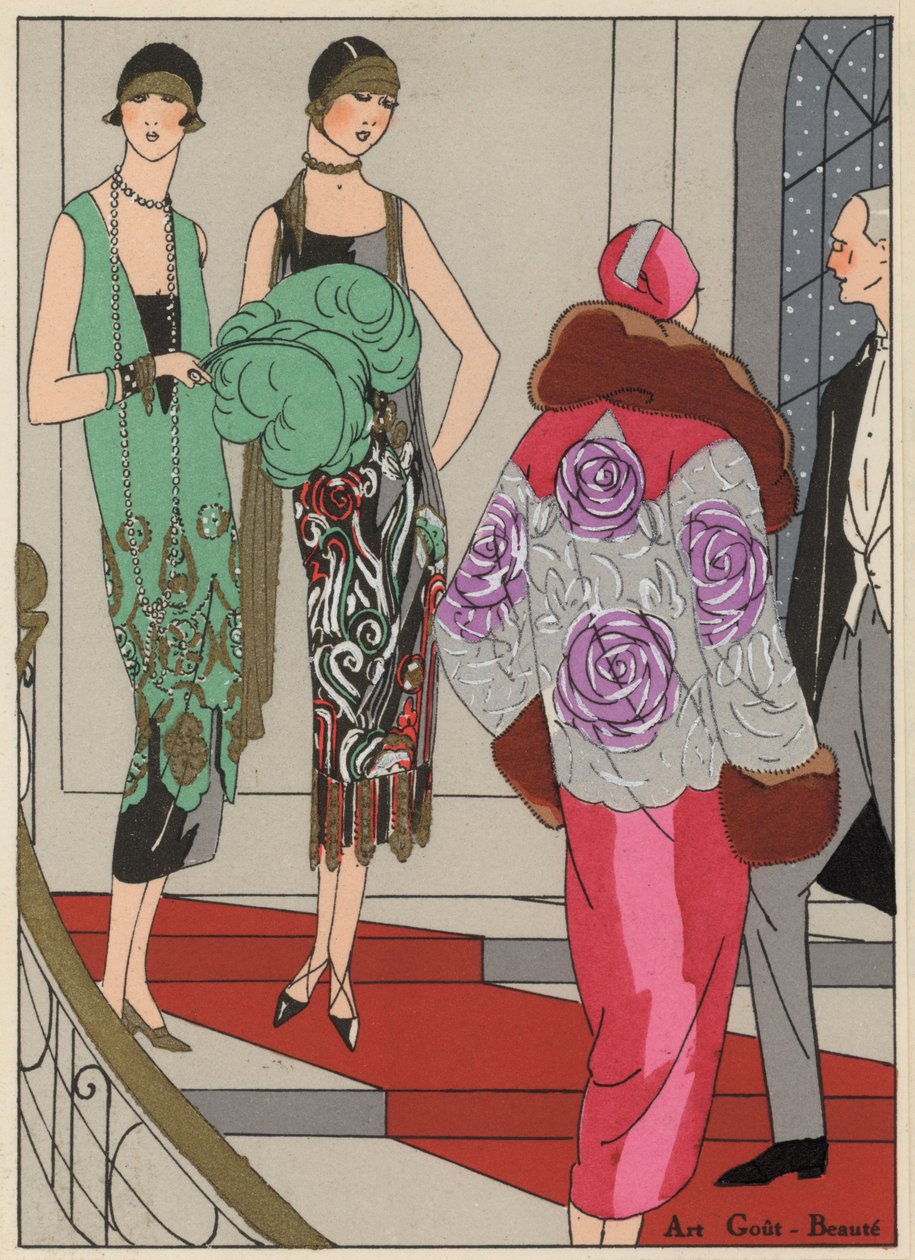 Avondkleding voor dames uit de jaren 1920 van ontwerpers Edward Molyneux en Martial en Amand (kleurenlitho) door French School