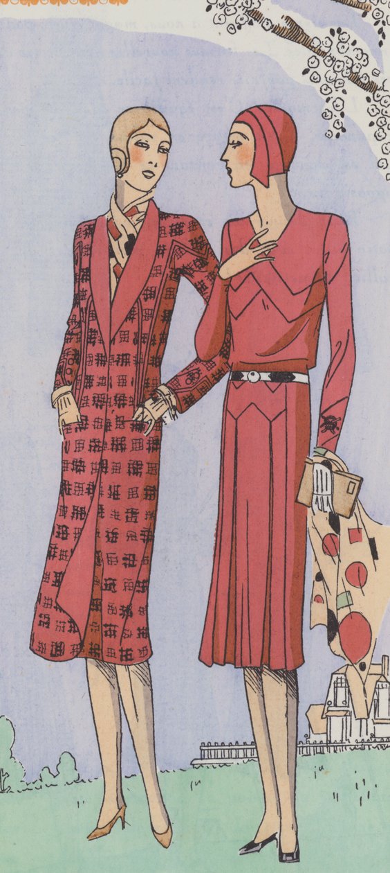 Damesmode uit de jaren 1930 van ontwerper Premet (kleurenlitho) door French School