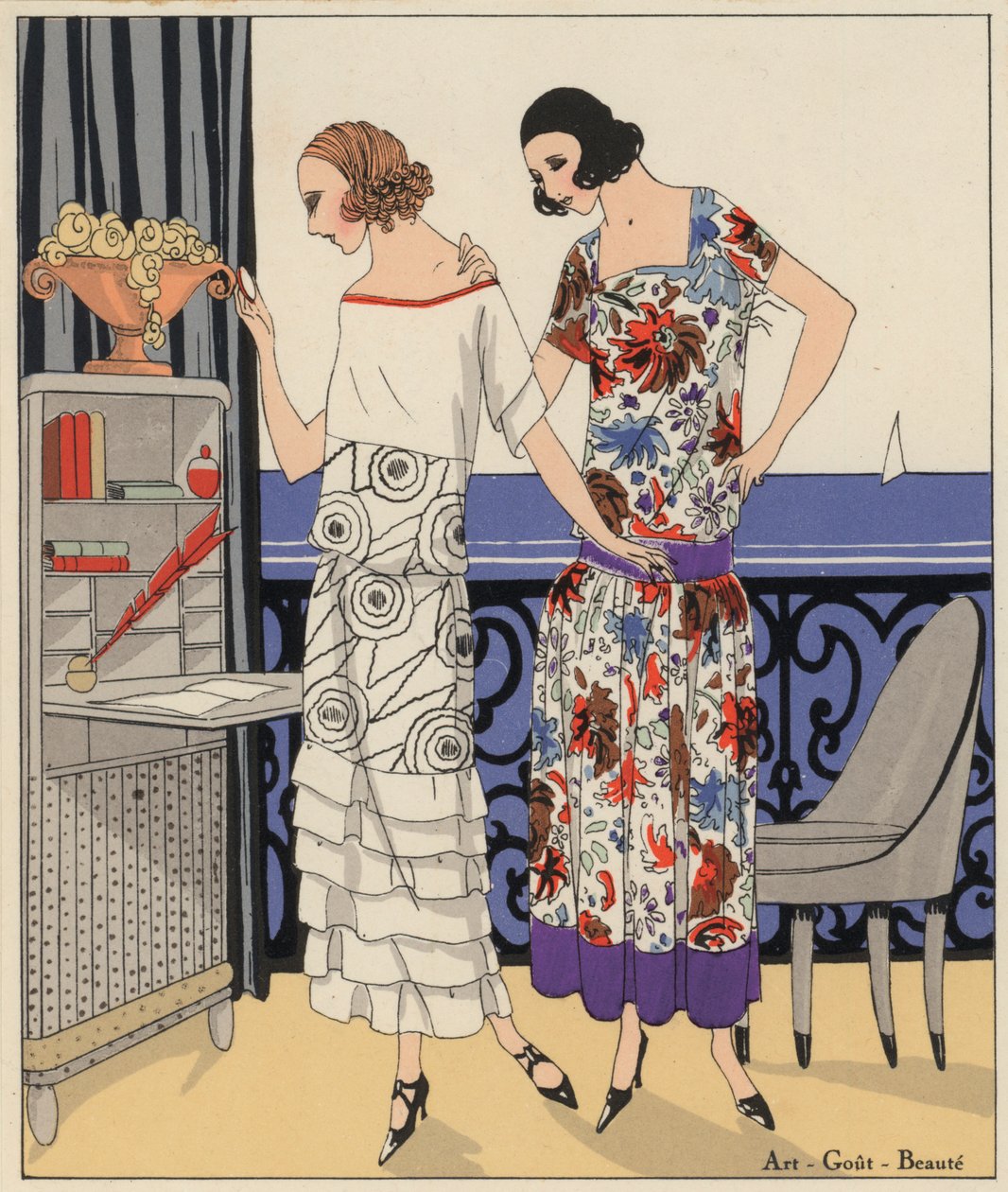 Damesmode uit de jaren 1920 van de ontwerpers Philippe en Gaston en Martial en Armand. (kleurenlitho) door French School