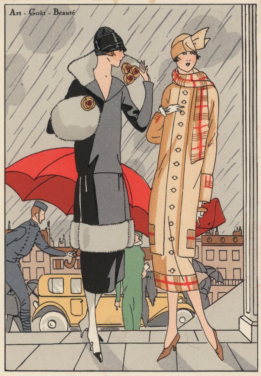Damesmode uit de jaren 1920 van ontwerpers Premet en Gustave Beer. (kleurenlitho) door French School