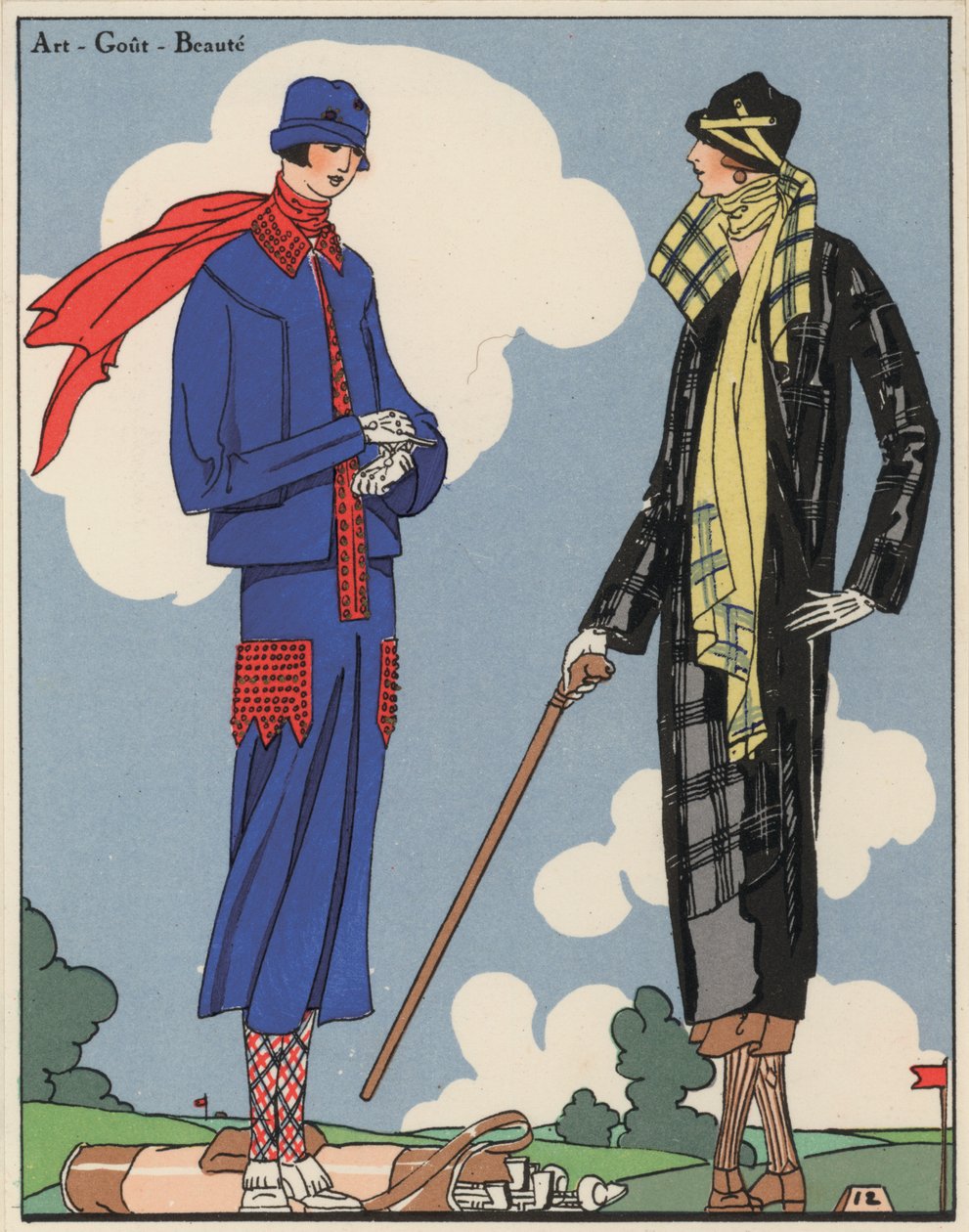 Golfkleding voor dames uit de jaren 1920 van de ontwerpers Martial en Armand en Christoph Drecoll. (kleurenlitho) door French School