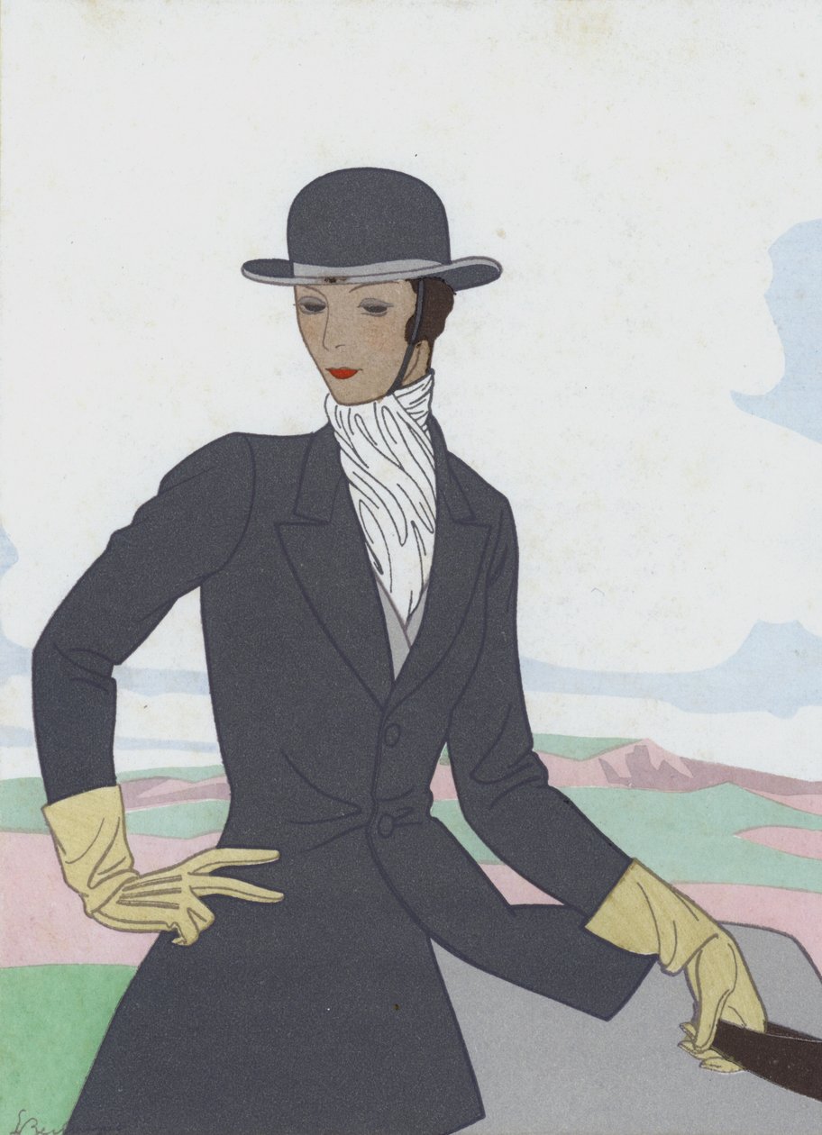 Damesrijpak uit de jaren 1920 (kleurenlitho) door French School