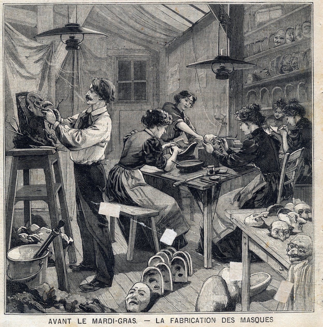 Werkplaats voor het maken van maskers voor de verkleedpartijen van het Mardi Gras-festival. In 