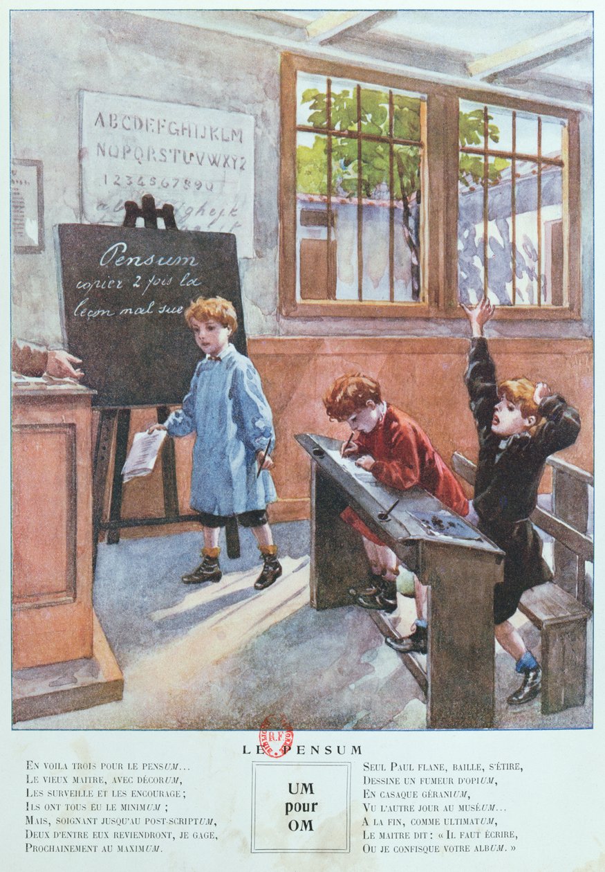 Schrijven van regels, uit JApprends lOrthographe, gepubliceerd door Hachette, 1905 door French School