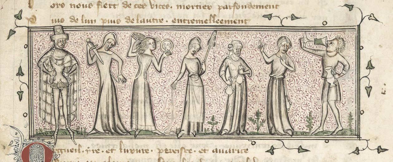 Yates Thompson 21, f. 165, Zeven Dodelijke Zonden, c.1380 door French School