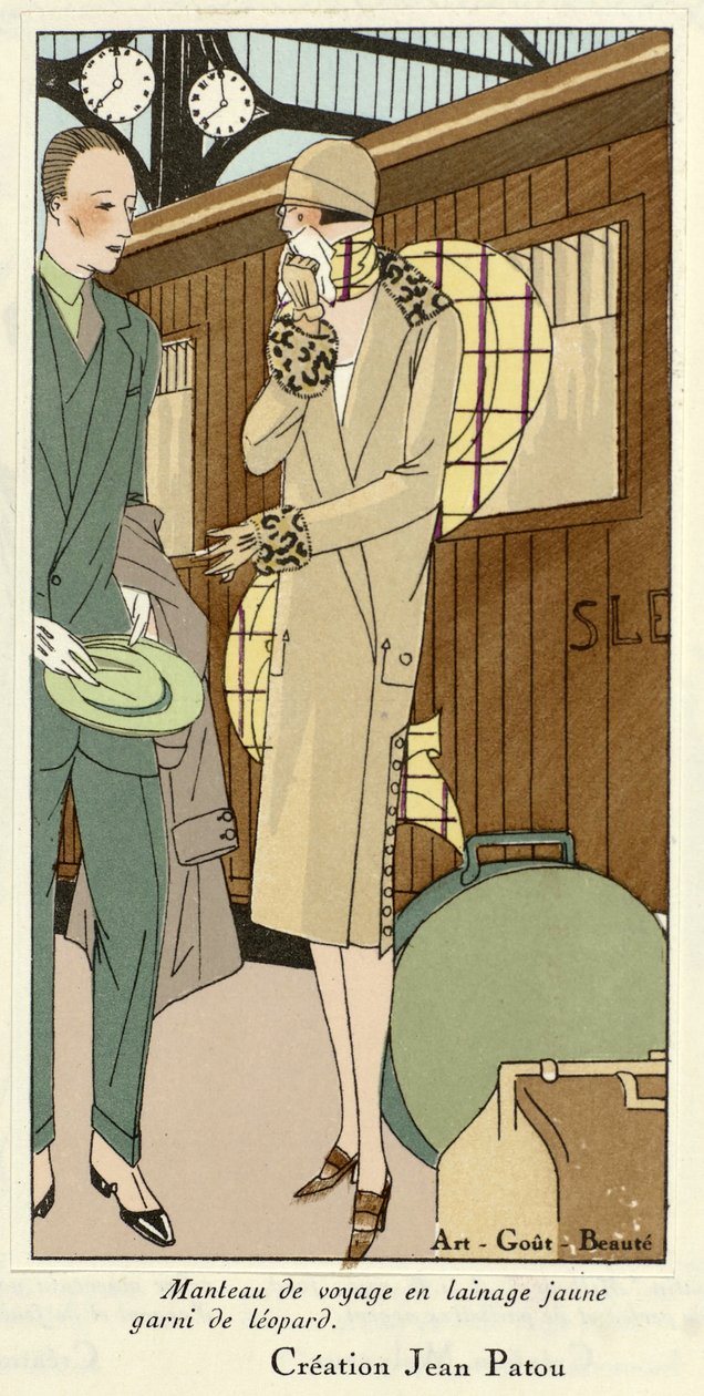 Gele wollen reisjas met luipaardrand, uit Art-Gout-Beaute, pub.1920 (pochoirprint) door French School