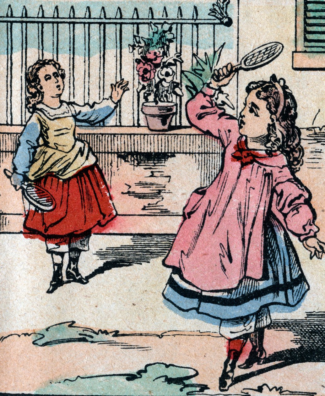 Jonge meisjes spelen battledore en shuttlecock, vroeg spel vergelijkbaar met badminton - Epinal afbeelding - 19e eeuw (gravure) door French School
