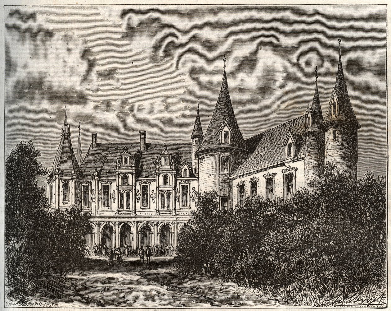 kasteel van de rots in Mezangers in Mayenne - gravure in 