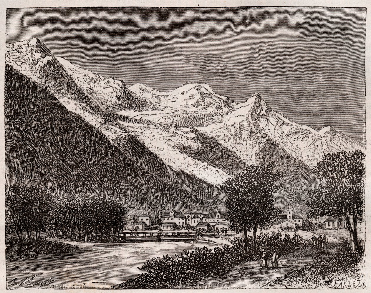 de vallei van Chamonix en de Mont Blanc - gravure in 