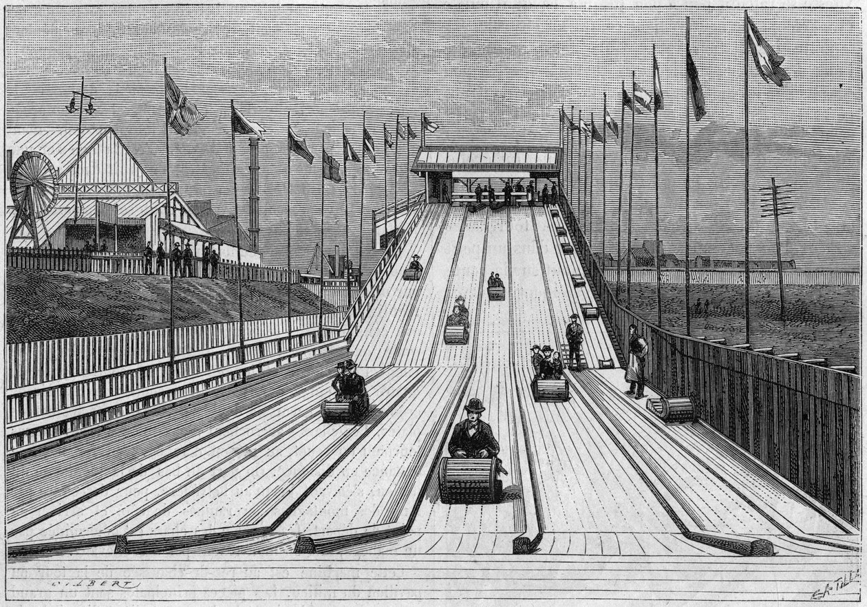 Achtbaan of tobocanning, werkend op de Liverpool Exhibition (Groot-Brittannië), naar een foto. Gravure in 