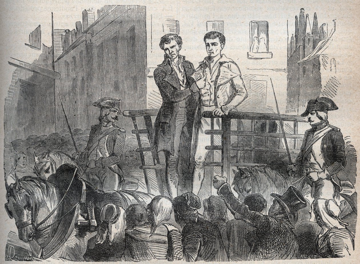 De Lyonse postaffaire: Joseph Lesurques en Couriol gaan naar de guillotine op 3 oktober 1796 (gravure in 