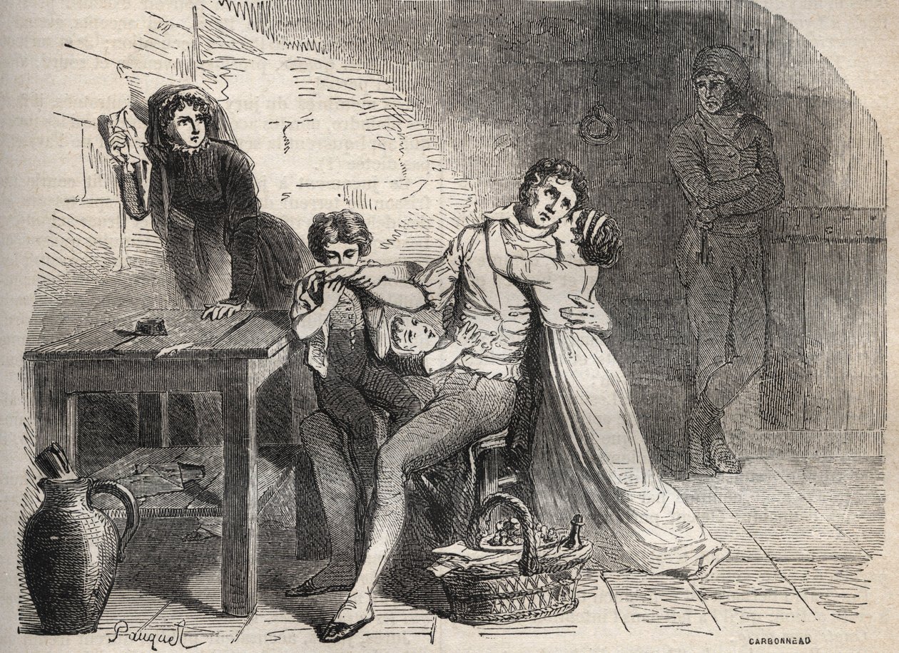 De Lyonse postaffaire: Het afscheid van Joseph Lesurques van zijn familie: ten onrechte beschuldigd van de aanval op de Lyonse postkoets in 1796 en geëxecuteerd - Gravure door French School