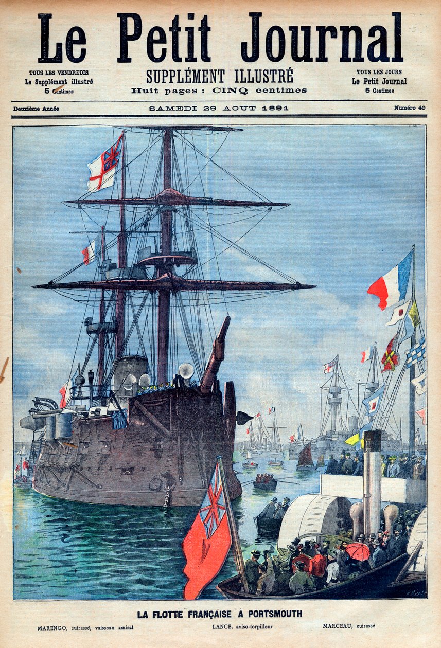 De Franse vloot in Portsmouth: vlaggenschip Marengo, de torpedoboot Lance en het slagschip Marceau, voorpagina van de Petit Journal van 29 augustus 1891 (gravure) door French School