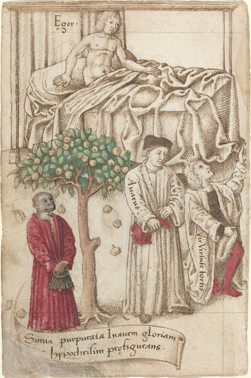 Een Aap in Paars met een Zieke Man, een Goede Man en een Vrek door French early 16th Century