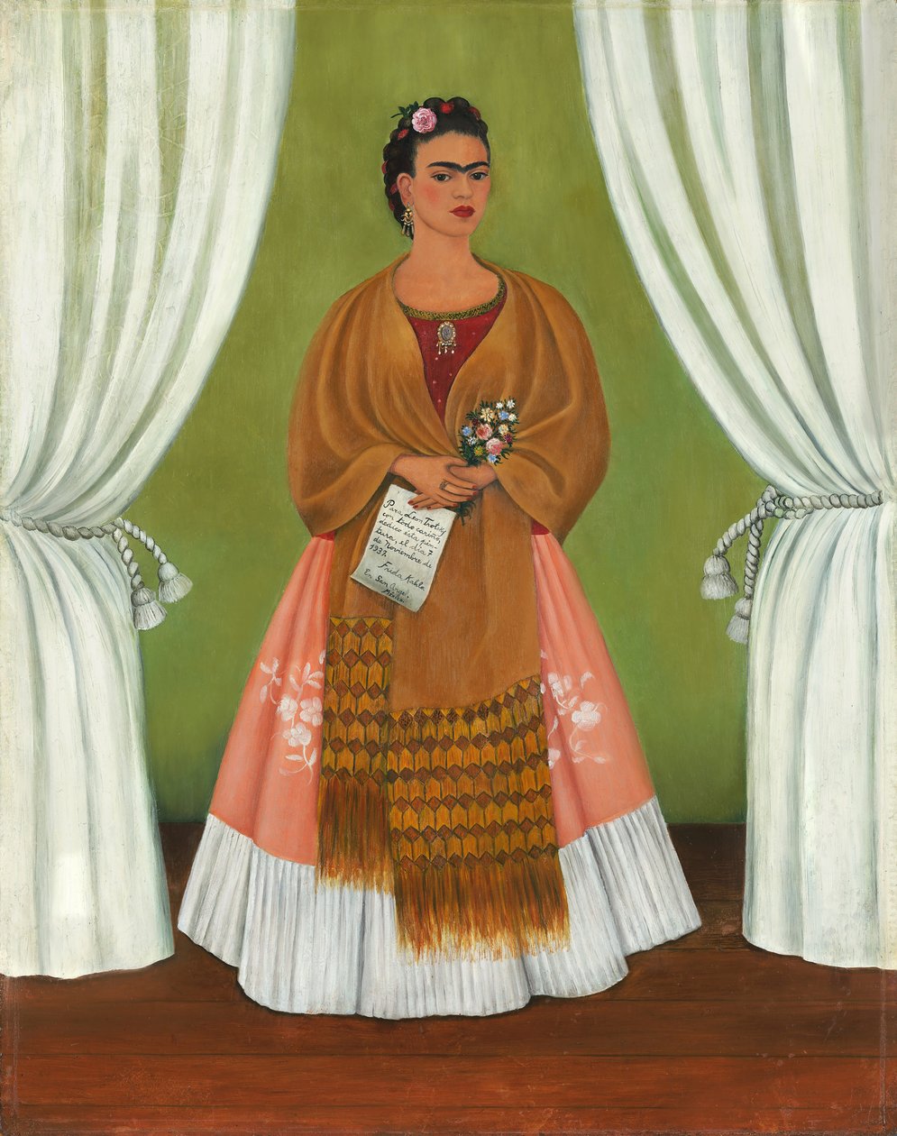 Frida Kahlo tussen twee gordijnen/zelfportret opgedragen aan Leon Trotski door Frida Kahlo