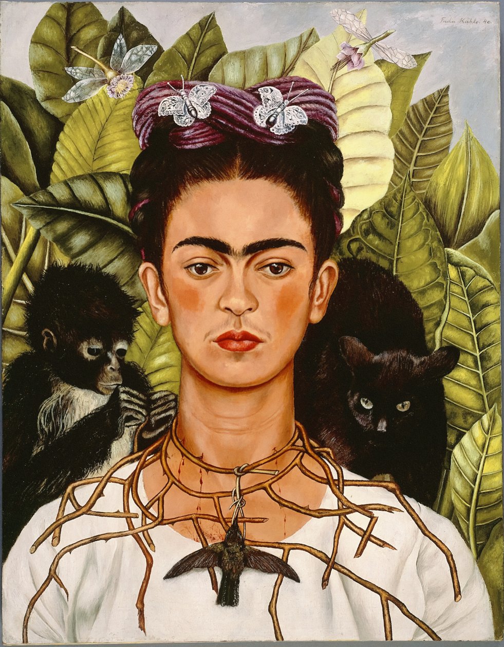 Zelfportret met doornenketting en kolibrie door Frida Kahlo