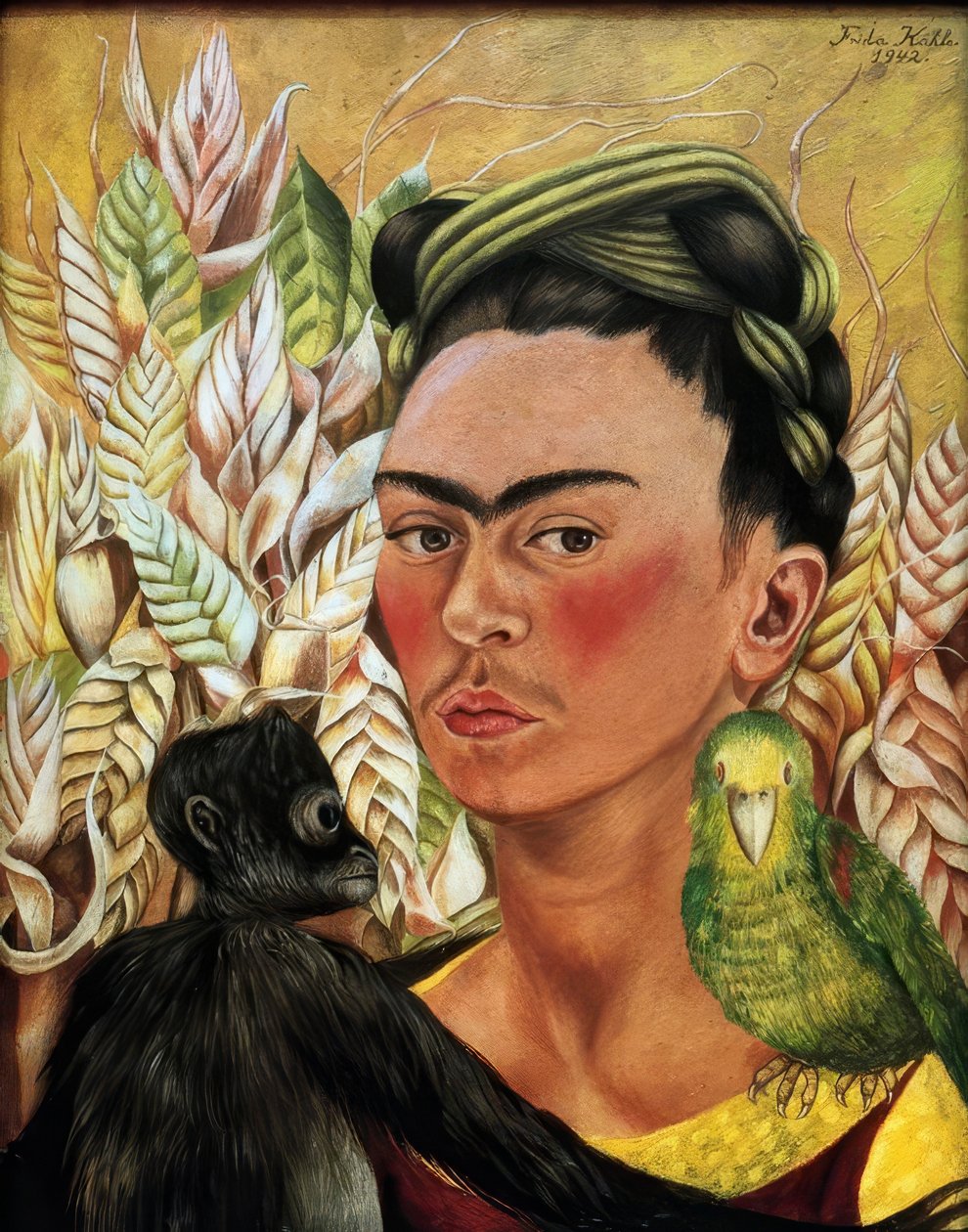 Zelfportret met aap en papegaai door Frida Kahlo