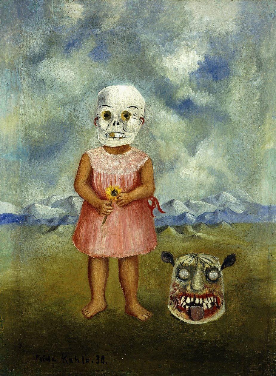 She Plays Alone of Meisje met het Dodenmasker; Ella Juega Sola of Nina met de Mascara de la Muerte door Frida Kahlo