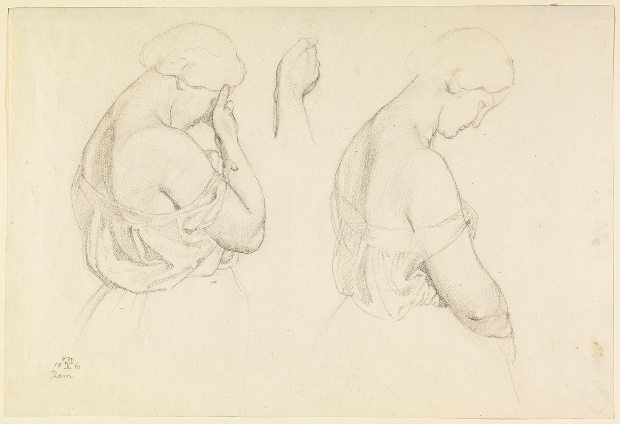 Twee vrouwelijke figuren in halve lengte en een studie van een hand door Friedrich Preller the Elder