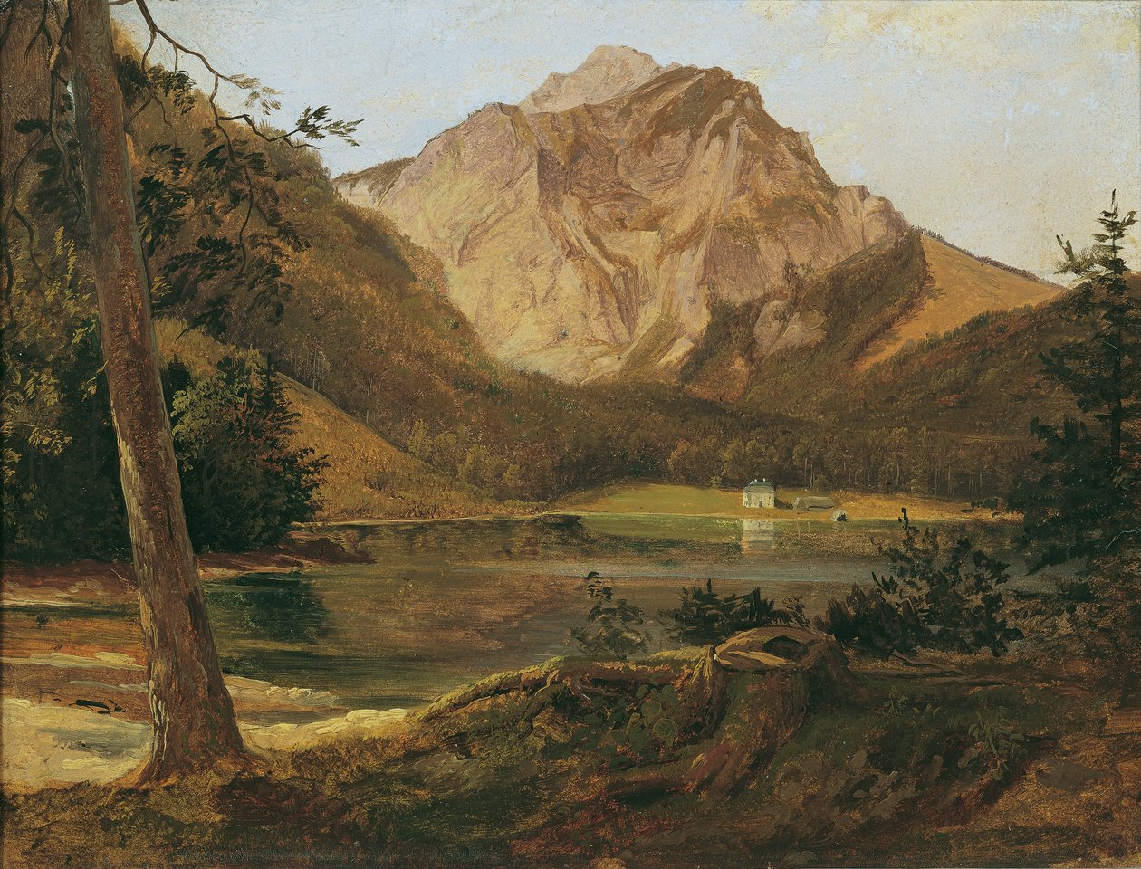 De voorste Langbathsee met het Höllengebirge door Friedrich August Mathias Gauermann