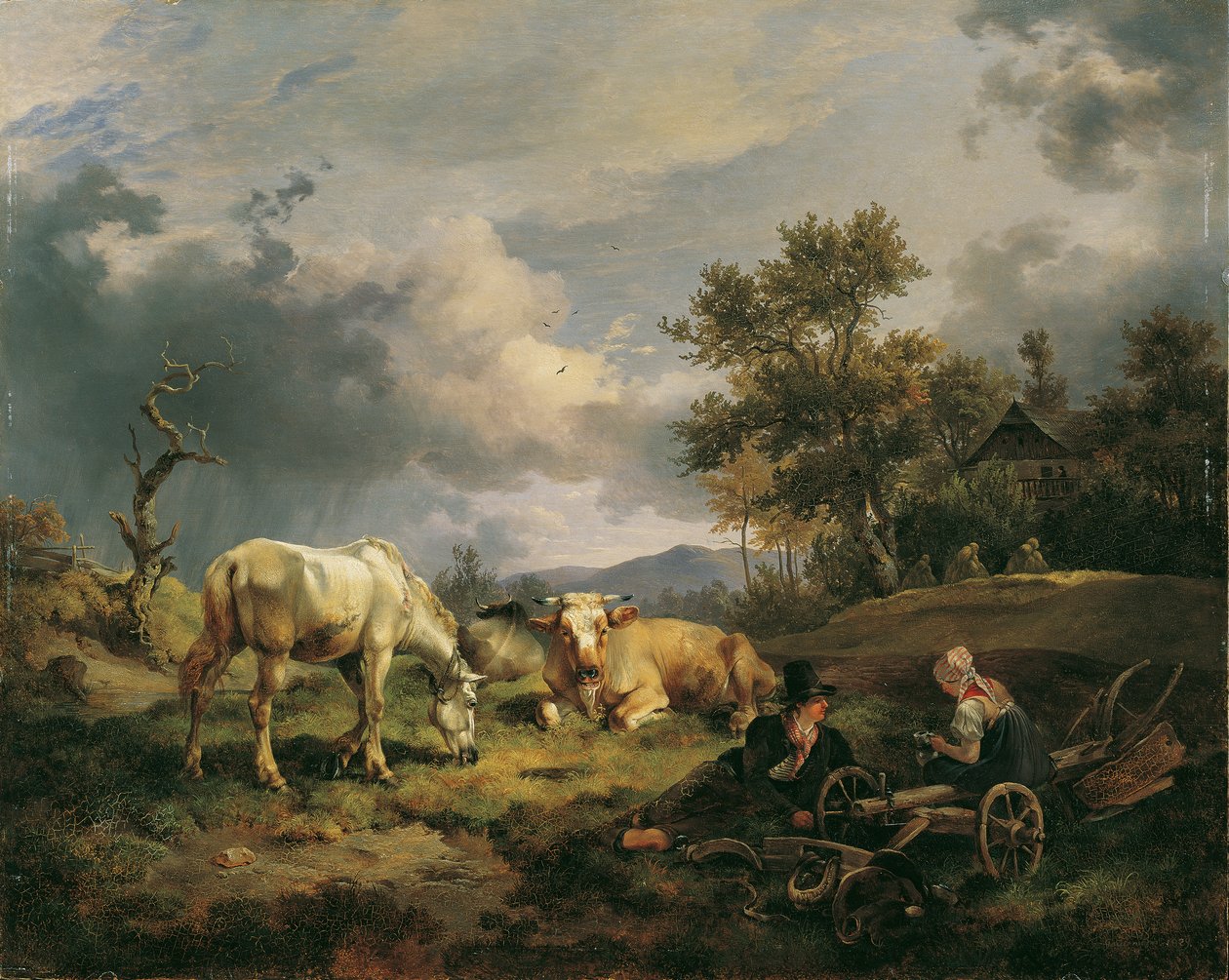 Jong boerenpaar rustend op het veld door Friedrich August Mathias Gauermann
