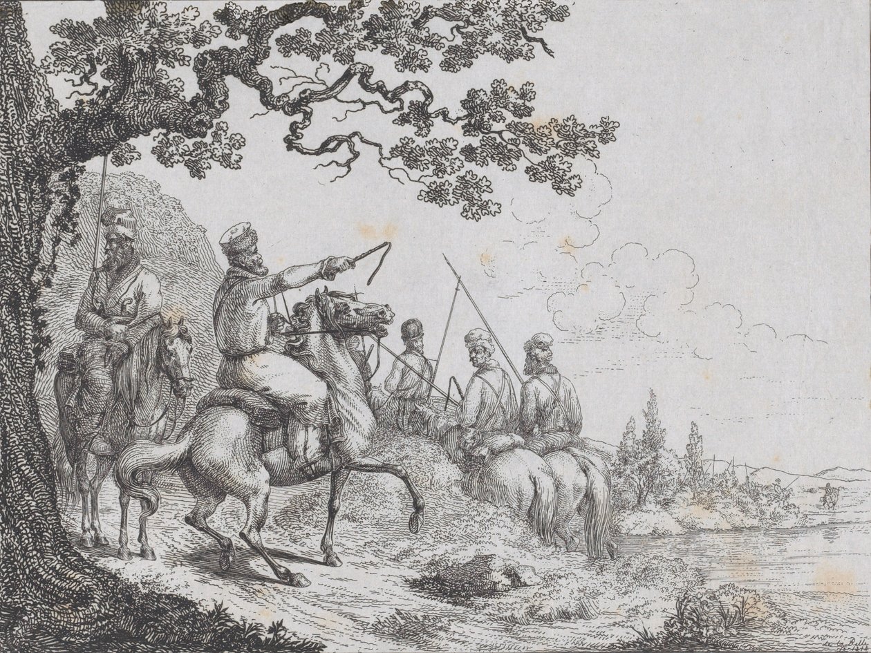 Kozakken rijden langs een Rivieroever, 1814 door Friedrich August de La Belle
