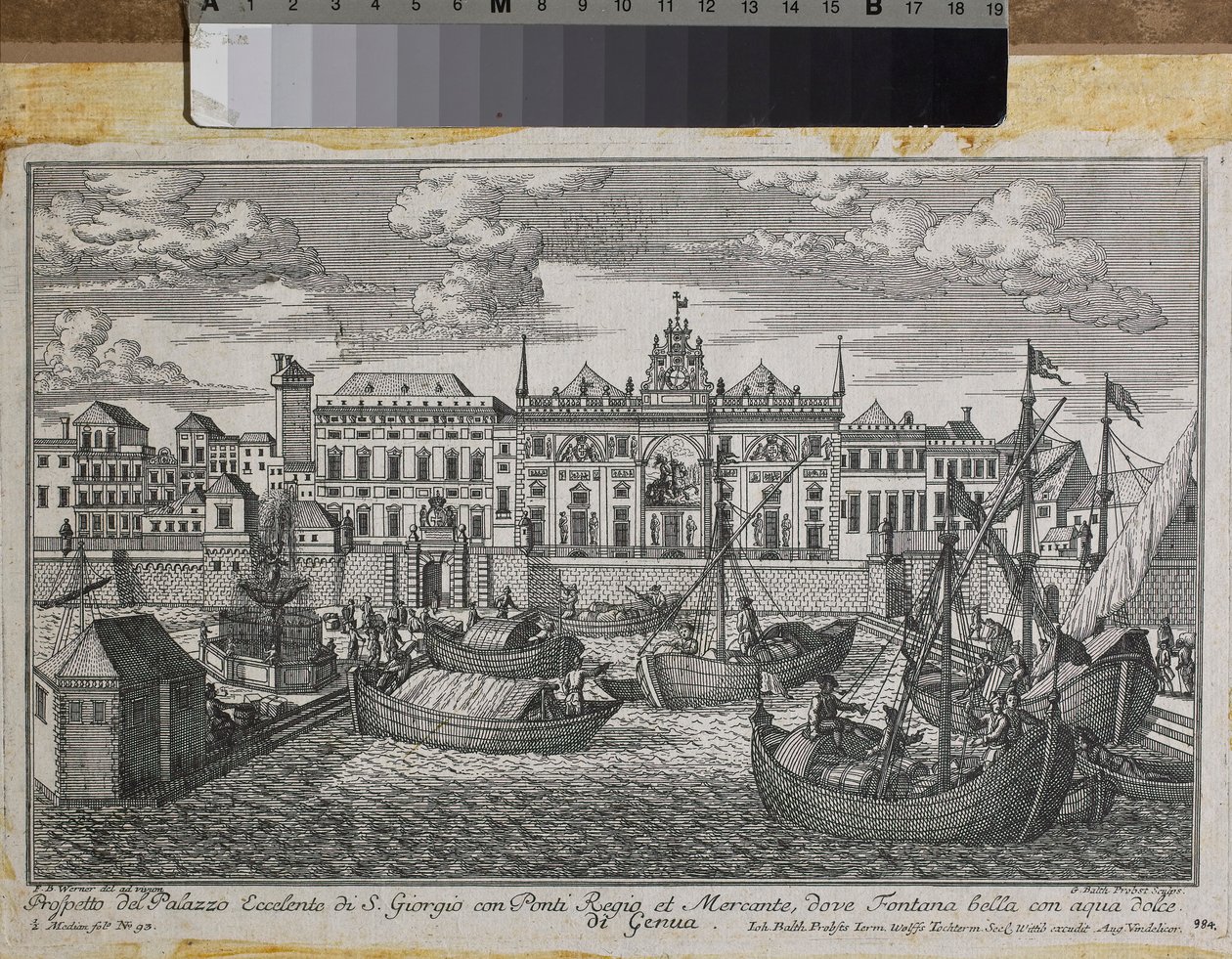 Plan van Genua met de Koninklijke Brug, de Nieuwe Brug van Mercanzia en het Paleis van St. George gezien vanaf de zee, c.1750 (gravure) door Friedrich Bernhard Werner