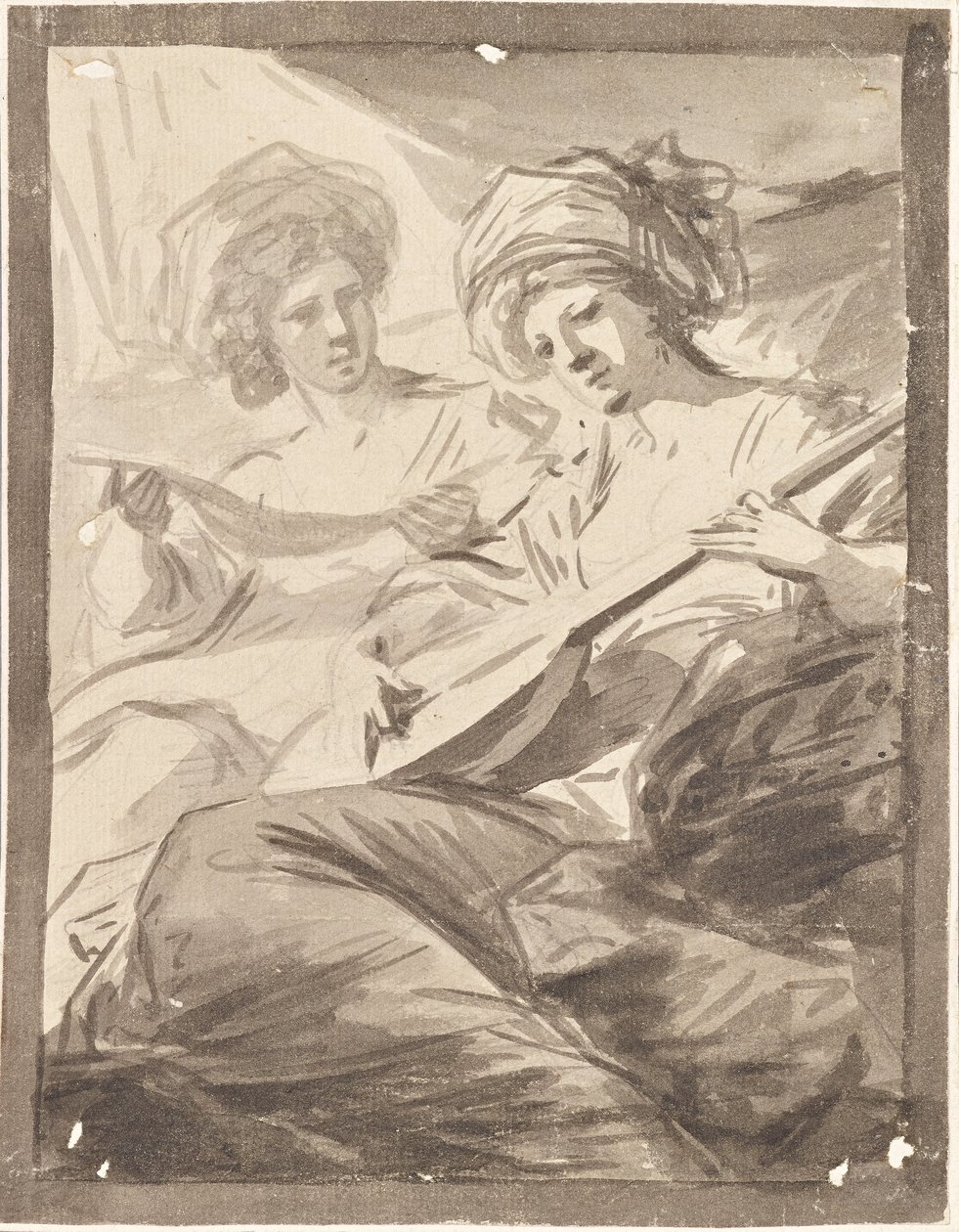 Twee vrouwen met mandoline (studie voor dubbelportret van de zusters Victoire en Sophie von Fries?) door Friedrich Heinrich Fuger