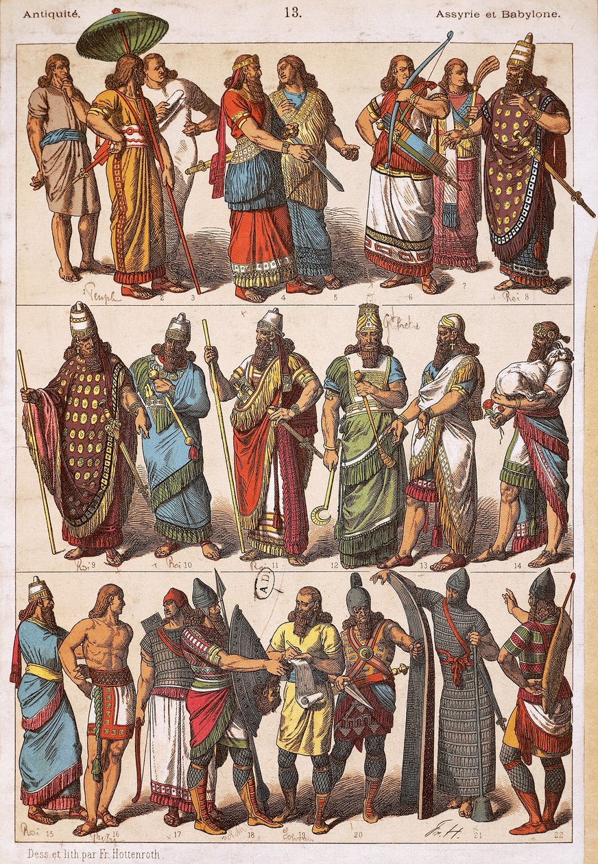 Kostuums van Assyriërs en Babyloniërs, door Friedrich Hottenroth, lithografie, Assyrisch-Babylonische beschaving door Friedrich Hottenroth