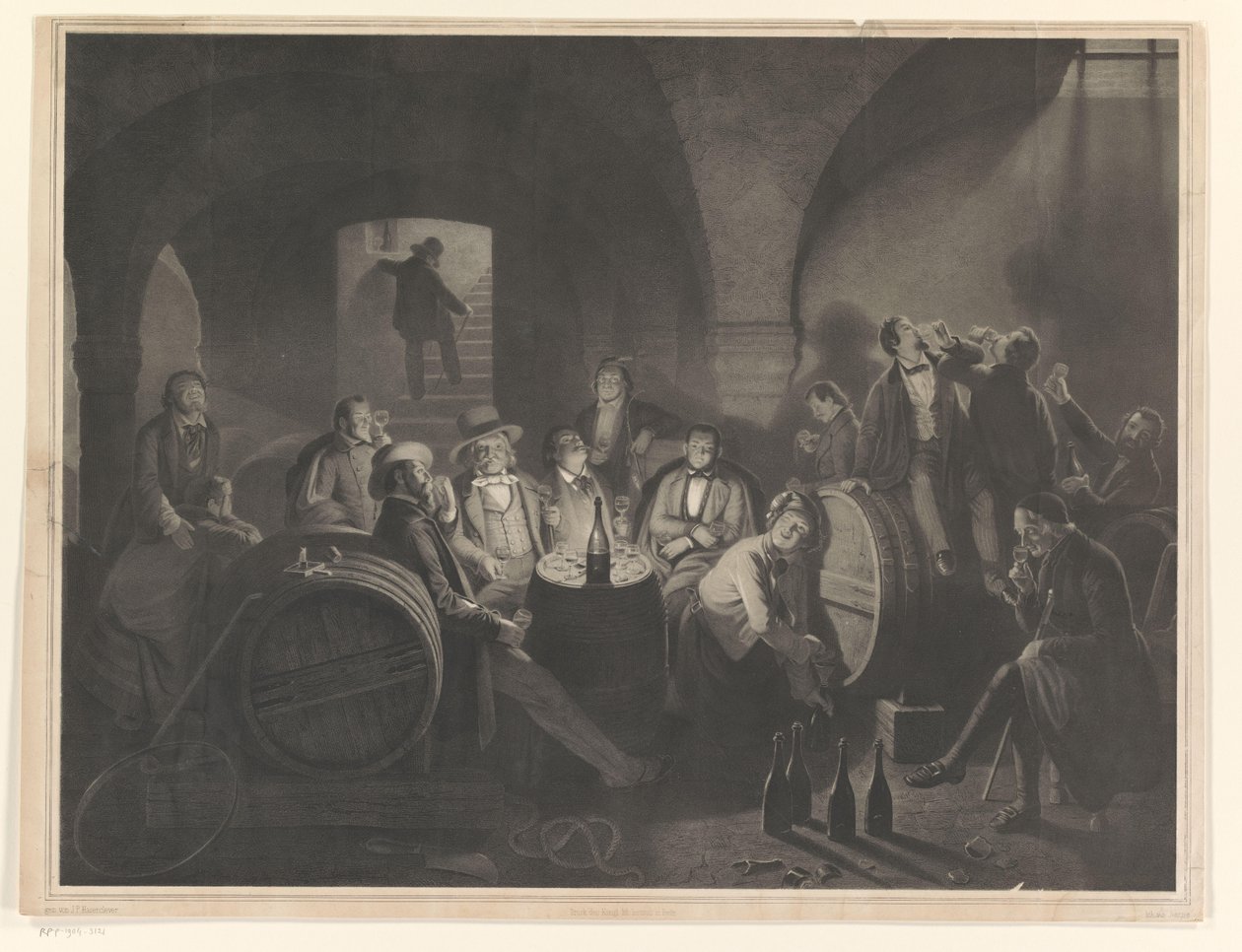 Gezelschap van drinkende mannen in een wijnkelder door Friedrich Jentzen