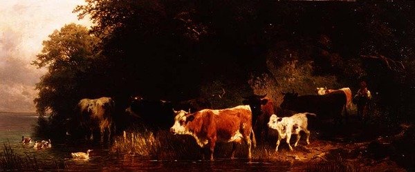 Bosrijk rivierlandschap met veedrijver en vee dat drinkt door Friedrich Johann Voltz