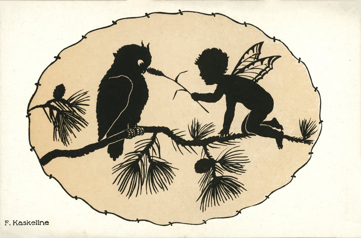 Silhouet van een jongen en een vogel (litho) door Friedrich Kaskeline