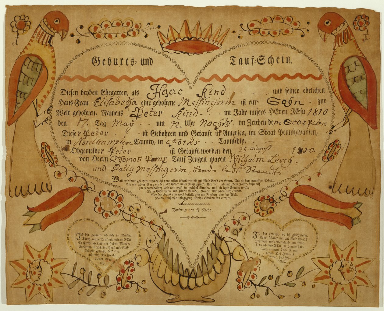 Geboorte- en doopcertificaat, ca. 1790-1800 (oxgall inkt, aquarel en gravure op geperst papier) door Friedrich Krebs