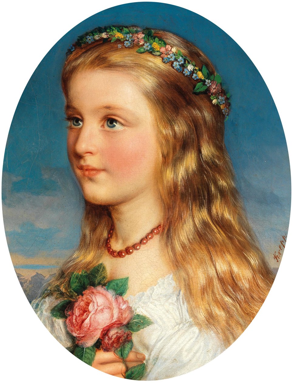 Friedrich Krepp Portret van een meisje met een krans van bloemen en rozen door Friedrich Krepp