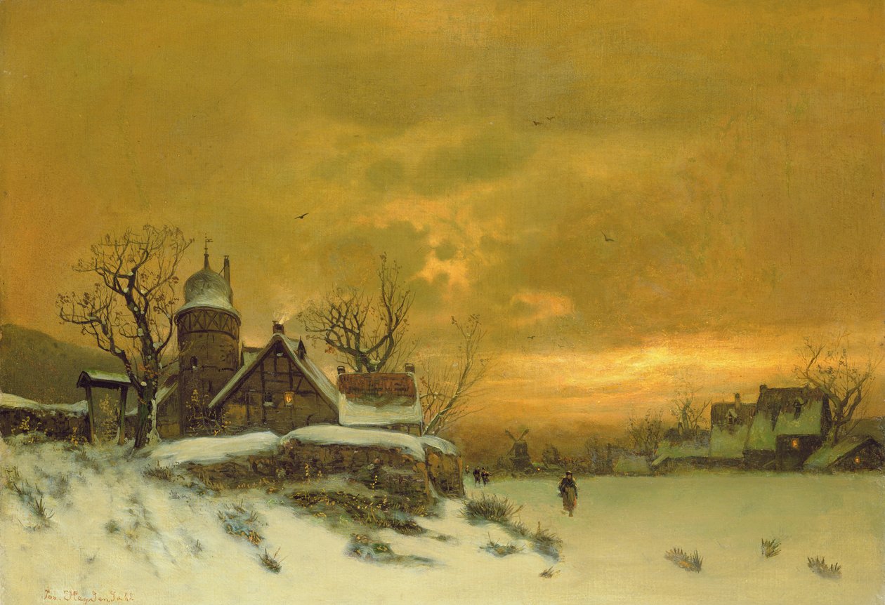 Winterlandschap met uitzicht op gebouwen in de avond door Friedrich Nicolai Joseph Heydendahl