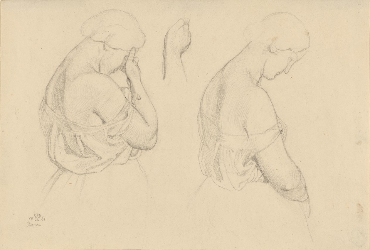 Twee vrouwenfiguren op halve lengte en een studie van een hand door Friedrich Preller