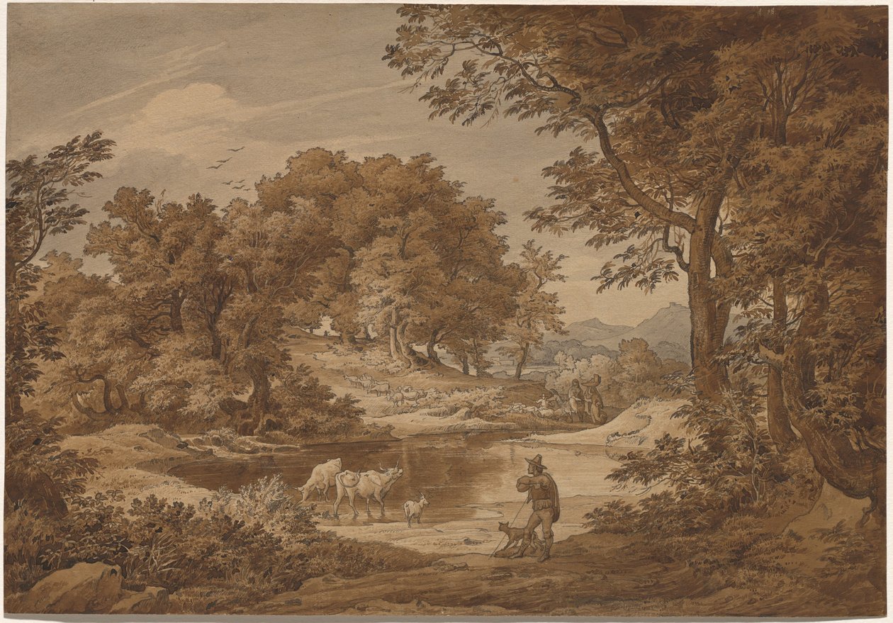 Italiaans landschap met herders door Friedrich Preller the Elder
