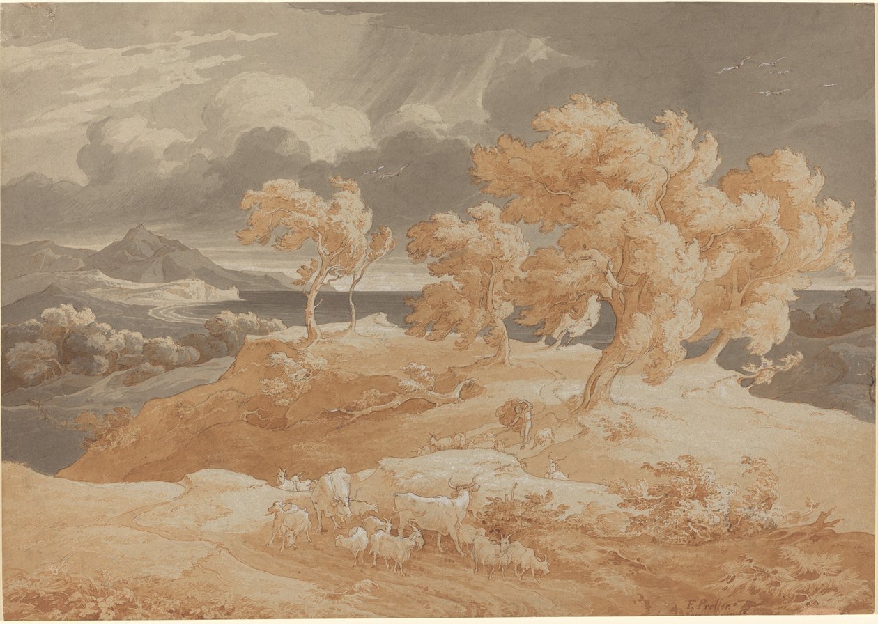 Italiaans Kustlandschap met een Onweersbui door Friedrich Preller the Elder
