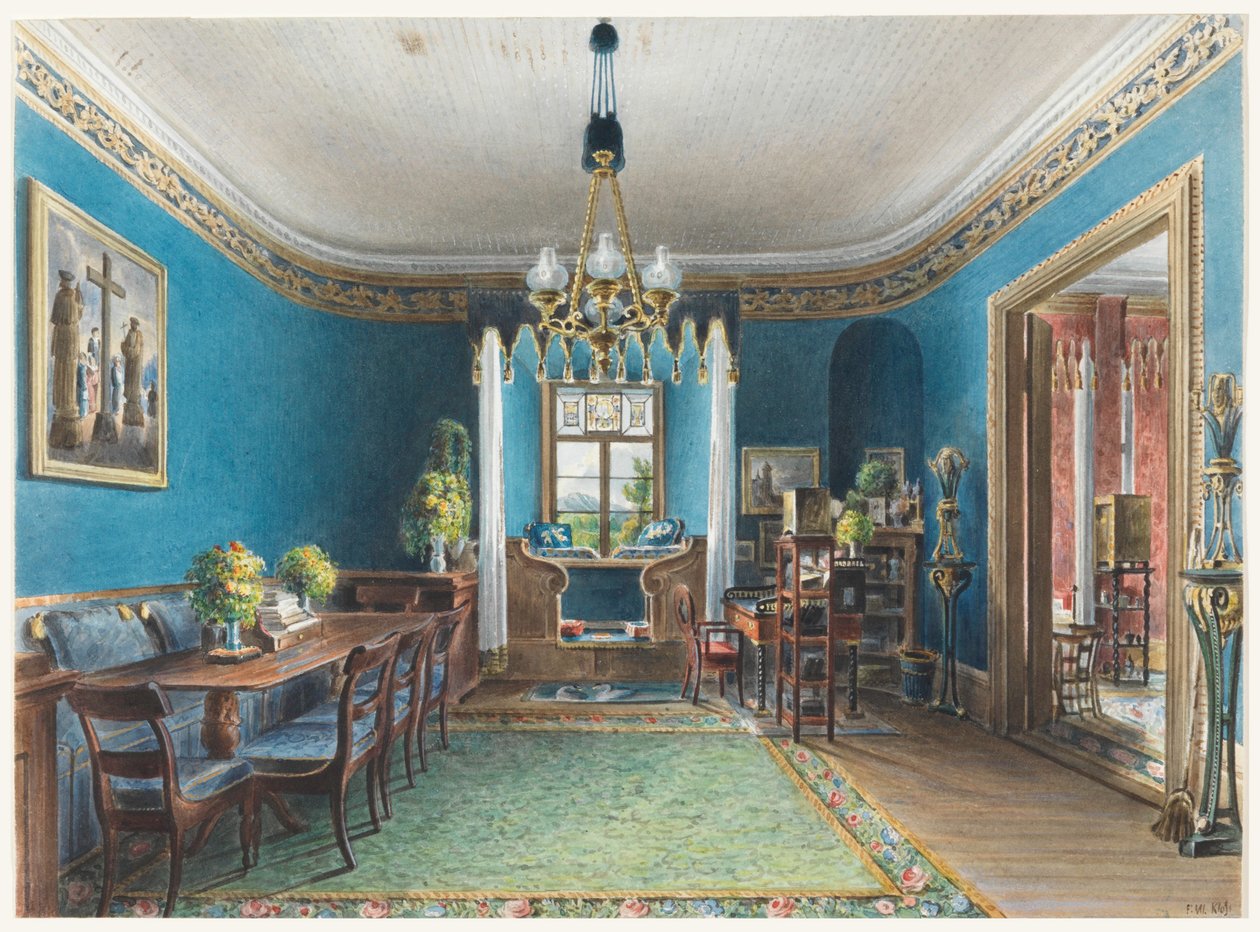 Tekening, De blauwe kamer, Schloss Fischbach, 1846 door Friedrich Wilhelm Klose