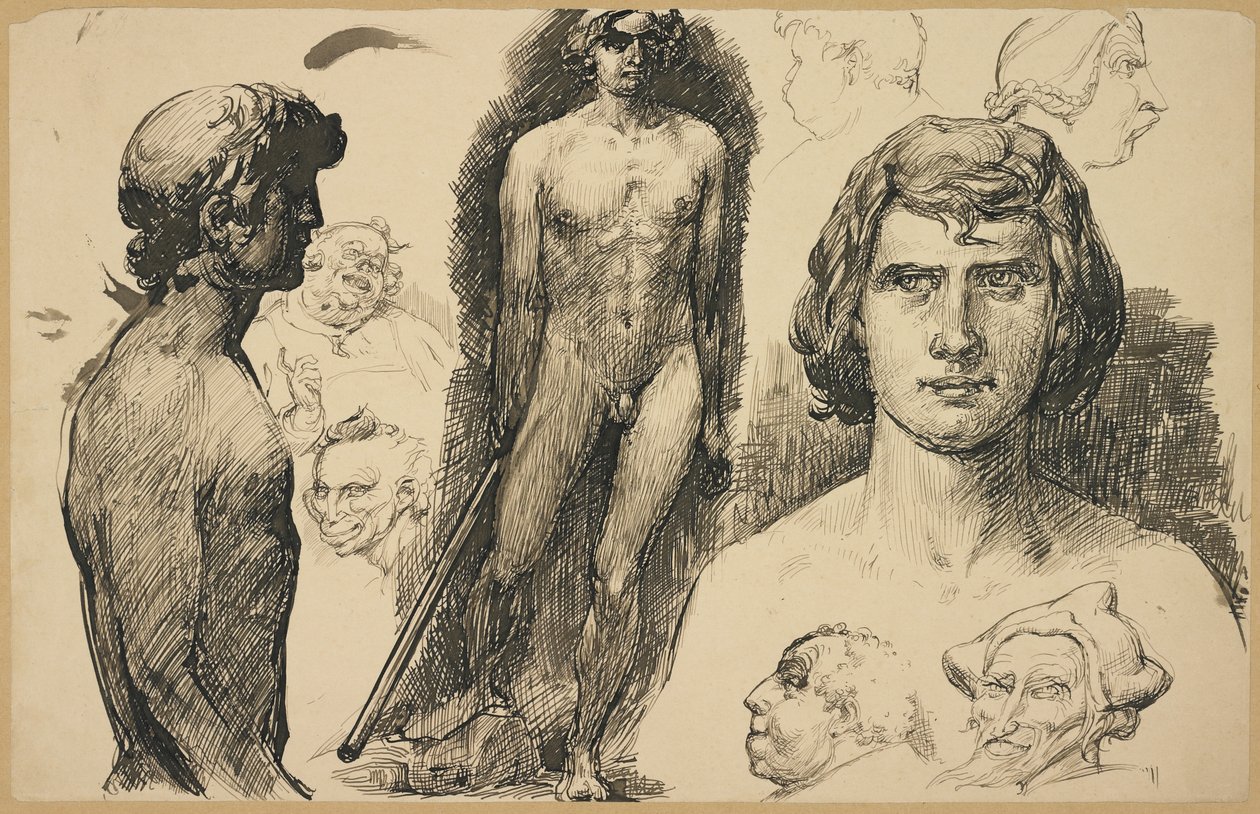 Blad met levensstudies en karikaturen, 1892 door Fritz Erler
