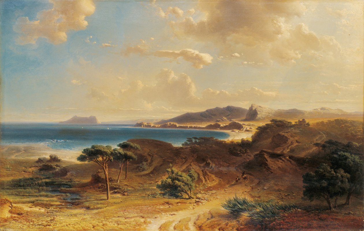 Strand bij Estepona met uitzicht op de Rots van Gibraltar door Fritz Bamberger