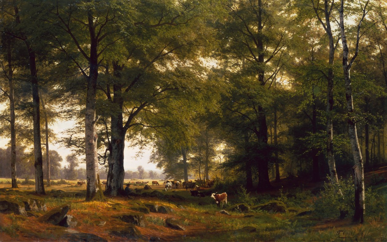 Een bebost landschap met een koeherder door Fritz Carl Werner Ebel
