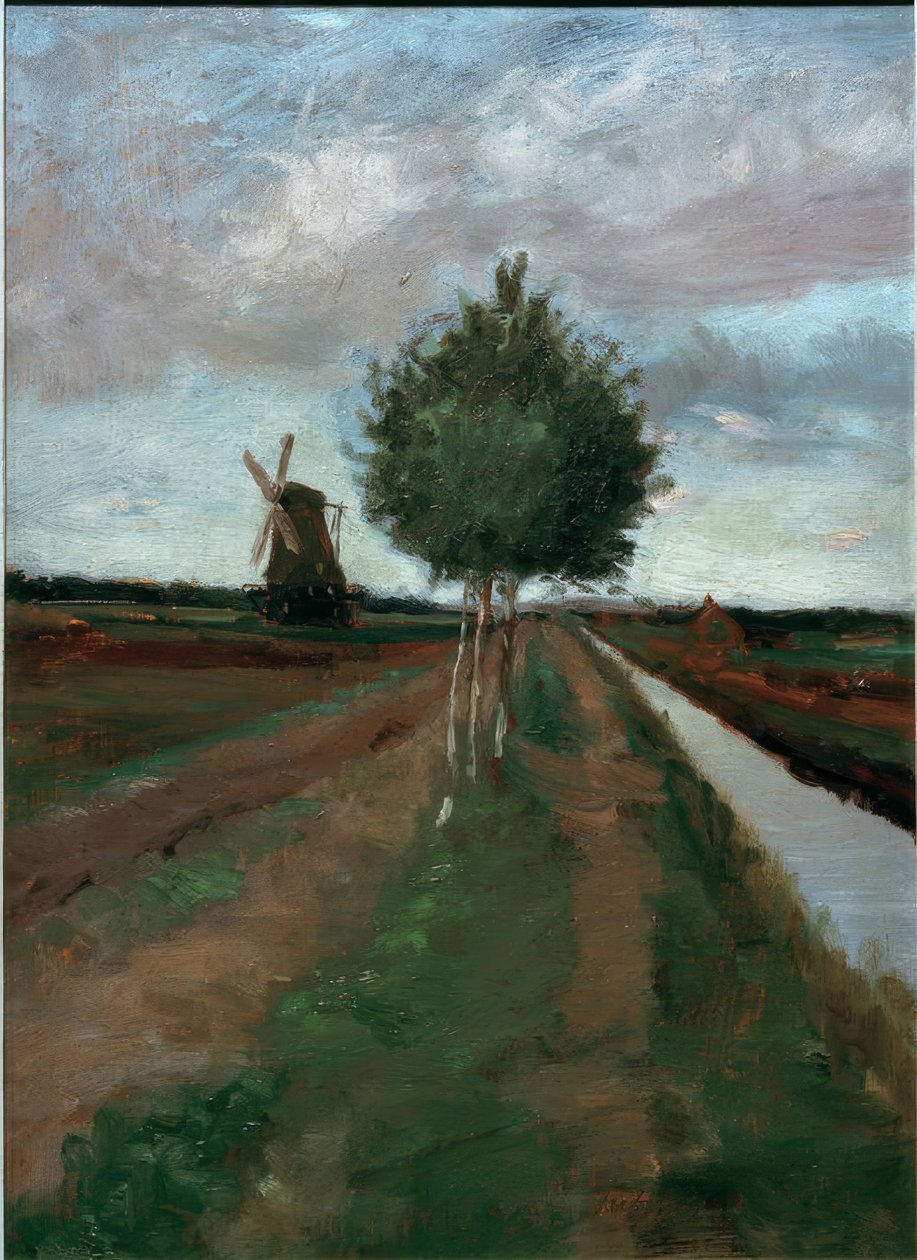 Molen en weg met berken door Fritz Mackensen