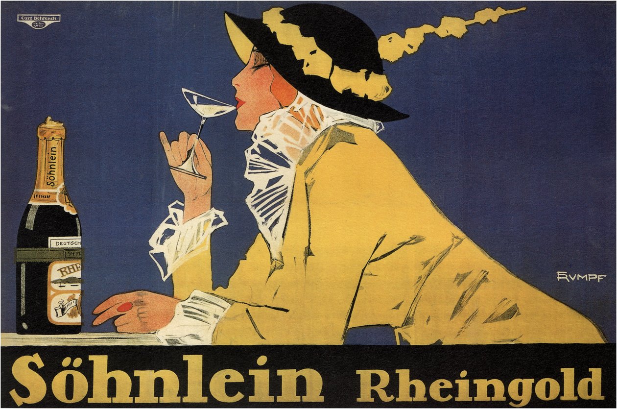 reclame voor mousserende wijn Sohnlein Rheingold door Fritz Rumpf