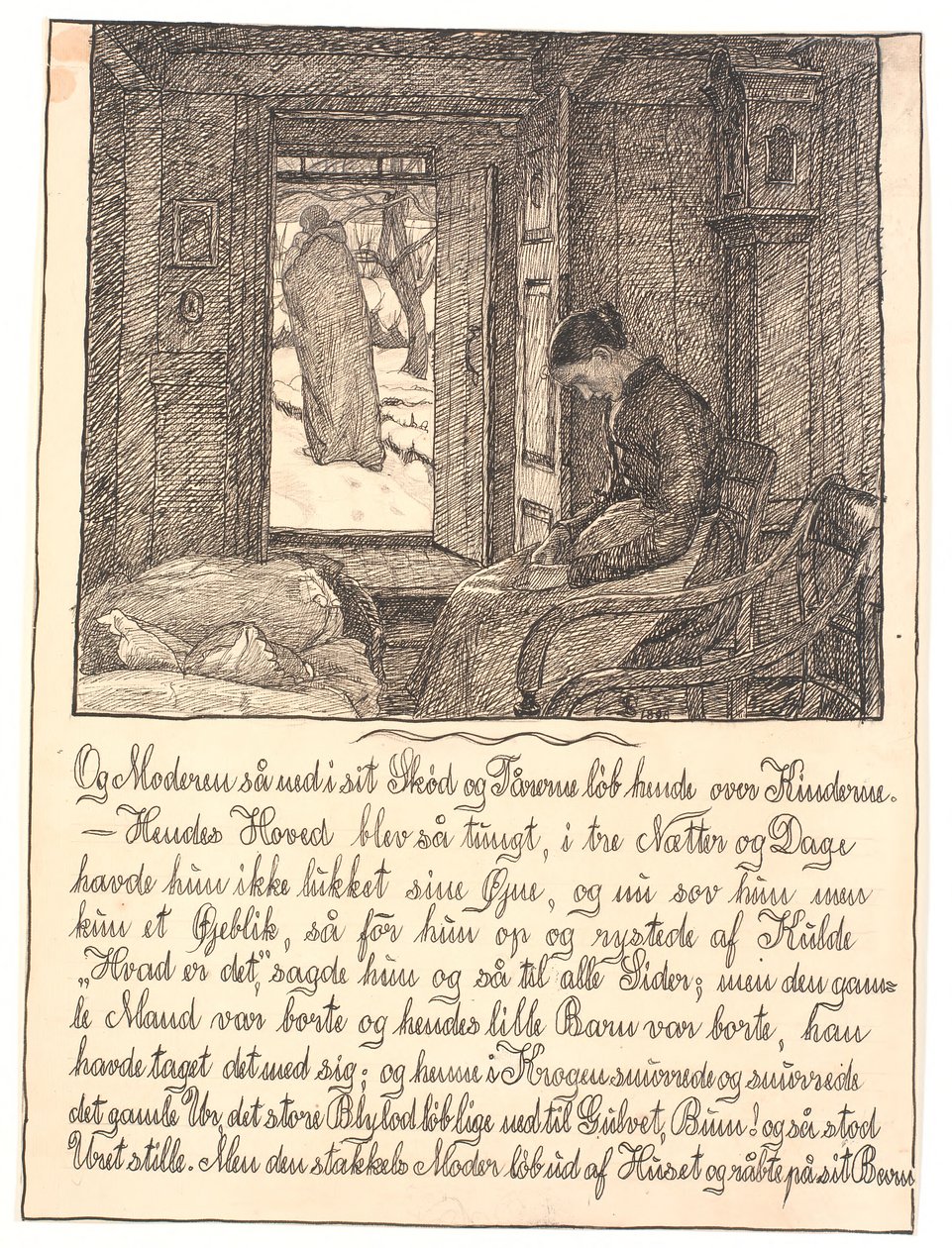 En de moeder keek naar beneden in haar schoot, en de tranen liepen over haar wangen... door Fritz Syberg