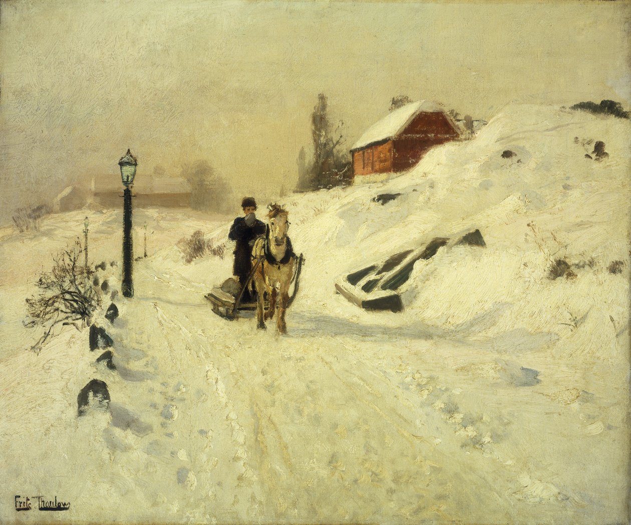 Een paardenslee in een winterlandschap door Frits Thaulow