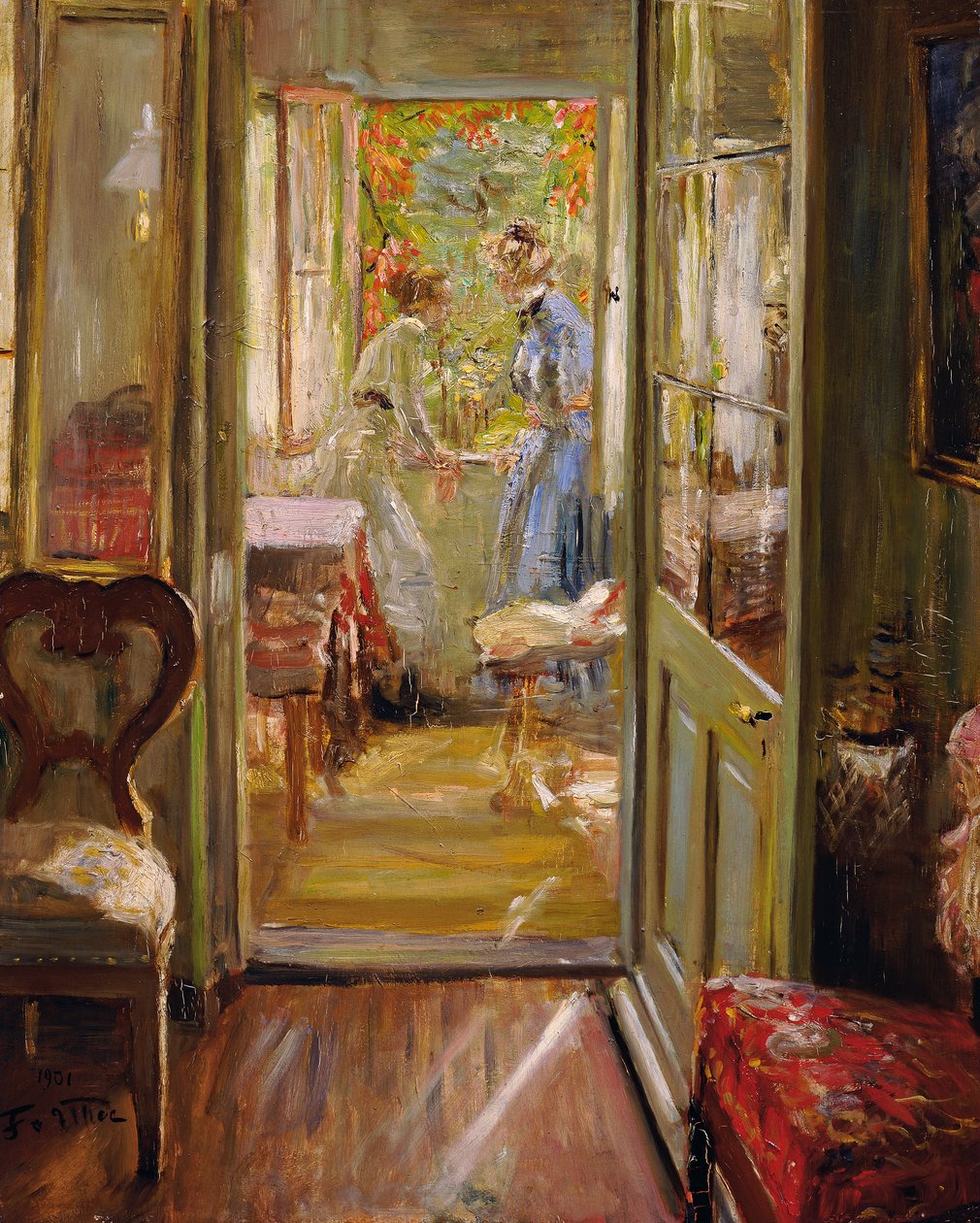 De dochters van de kunstenaar op de veranda door Fritz von Uhde